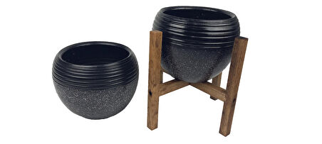 Ev Dekorasyon  Siyah Granit Küp Saksı Saksılık Salon Çiçeklik İkili Set (4 Ayaklı-Ayaksız)